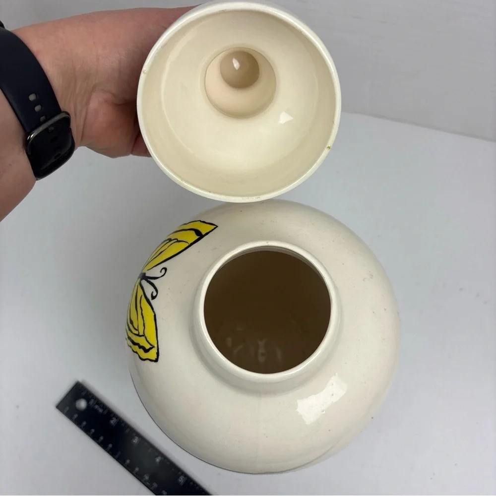 Butterflly Sunflower Ceramic Urn Vase with Lid Off White Yellow Whimsy Crafty